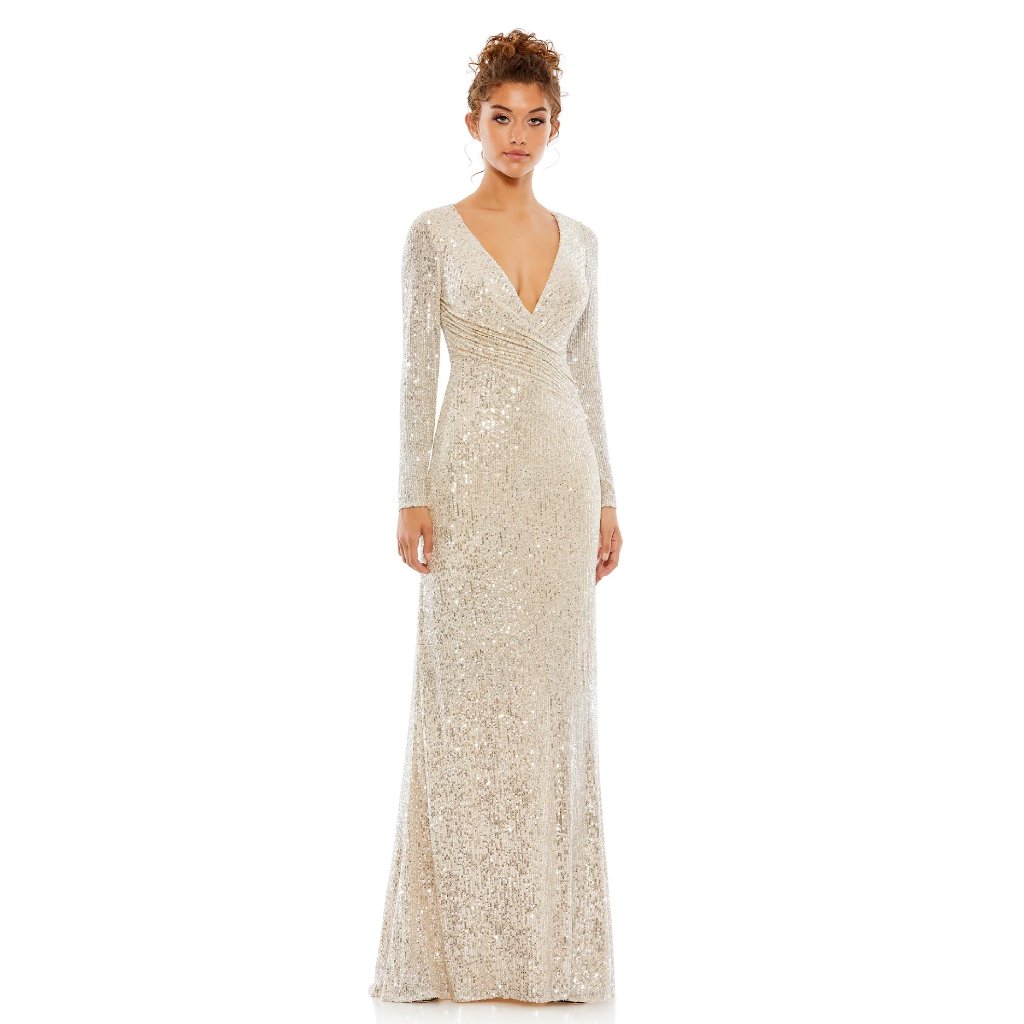 Mac Duggal Sequined Faux Wrap Long Sleeve Column Gown In Nude Silver Size 4